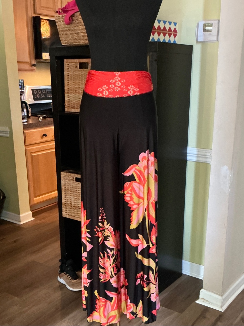 Free People Black Wide Leg Pants with Pink & Orange Floral Print